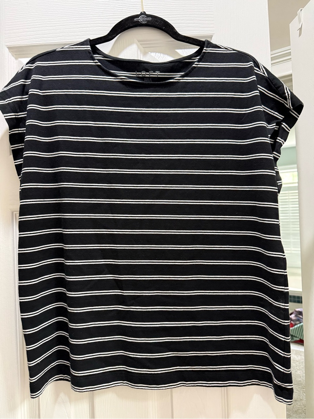 LOFT Black and White Striped Short Sleeve Wedge Tee